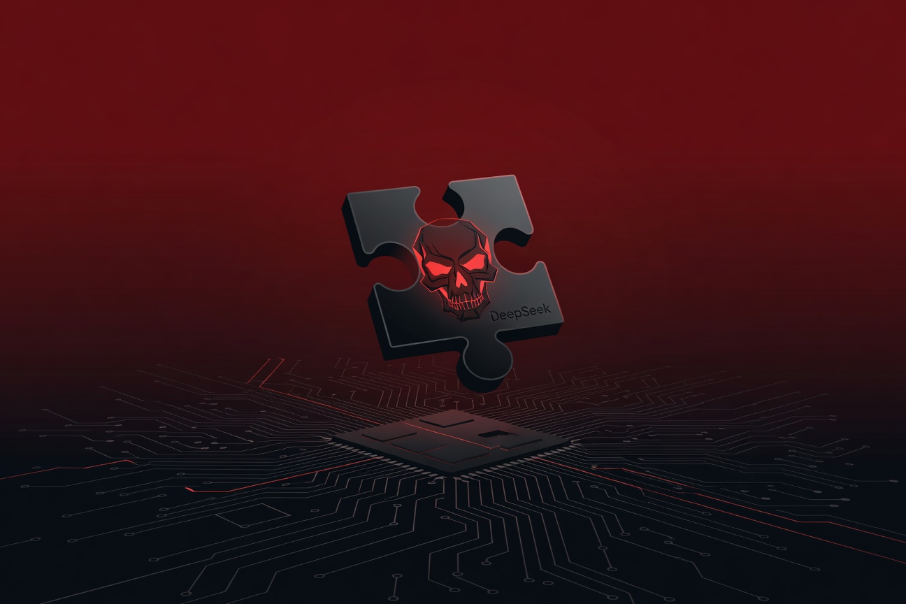 A glowing digital skull hidden inside a puzzle piece labeled DeepSeek, floating over a dark circuit board grid