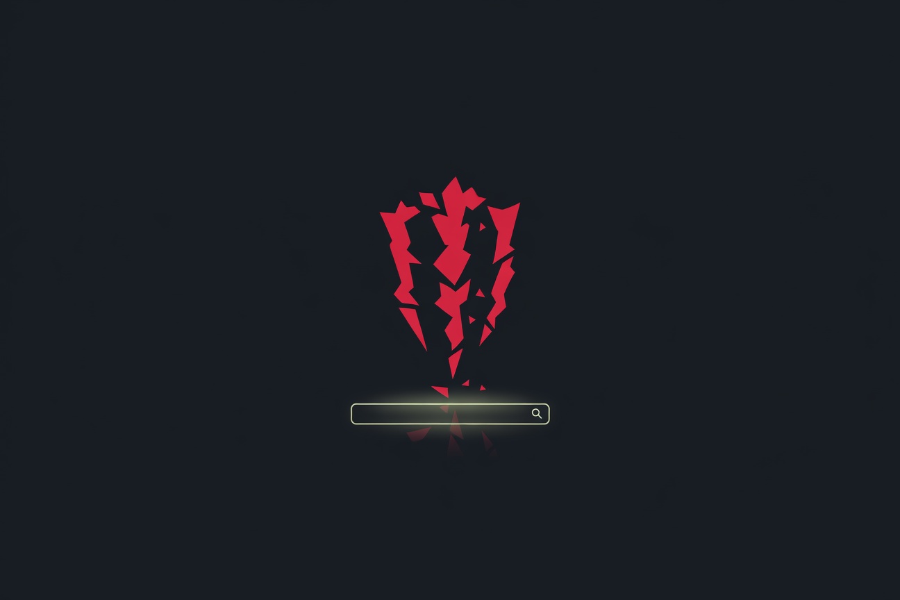 A dark red hooded figure overlaid with a fractured claw symbol and a glowing search bar, representing a poisoned AI search result