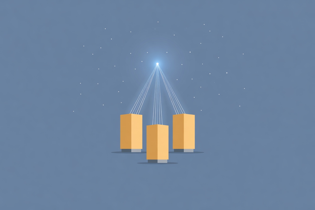 Three glowing server towers forming a triangle with converging data streams flowing to a central point above them