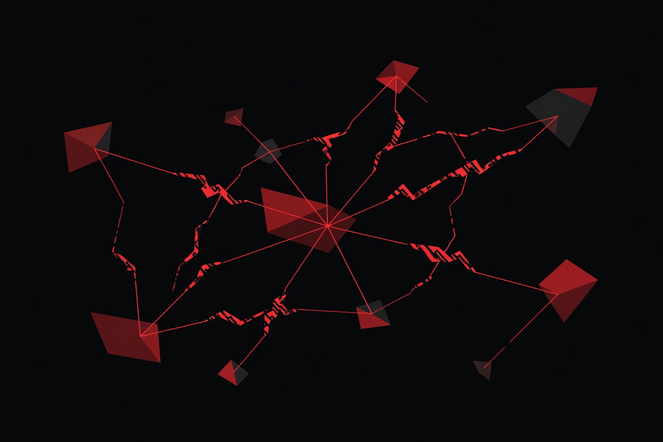 Abstract dark red malware network nodes pulsing with glowing threat vectors, fragmented code patterns on black background