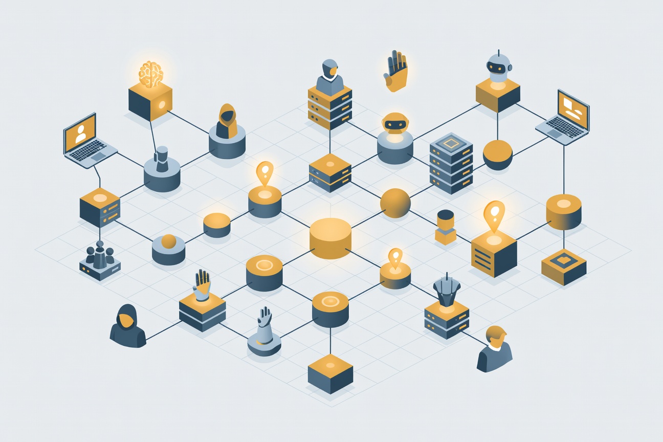 A network of server nodes with some glowing amber risk indicators against a blue security grid
