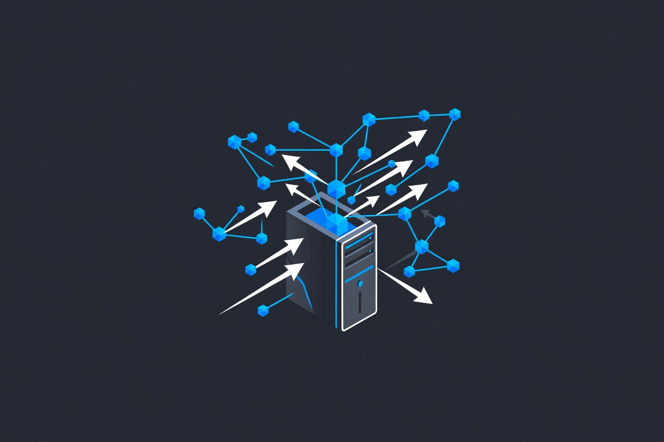 A sleek desktop computer with floating abstract geometric AI agent shapes emerging from the screen