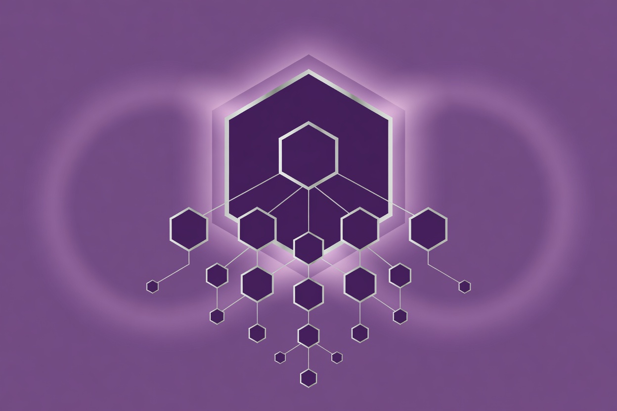 A sleek abstract network of glowing nodes arranged in a corporate org chart pattern, dissolving into a single bright central point