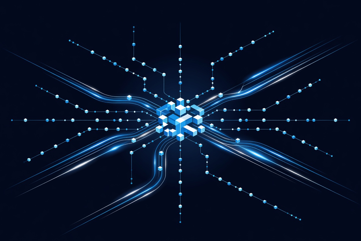 Abstract network of interconnected nodes with glowing payment symbols flowing between them at high speed, set against a dark blue background