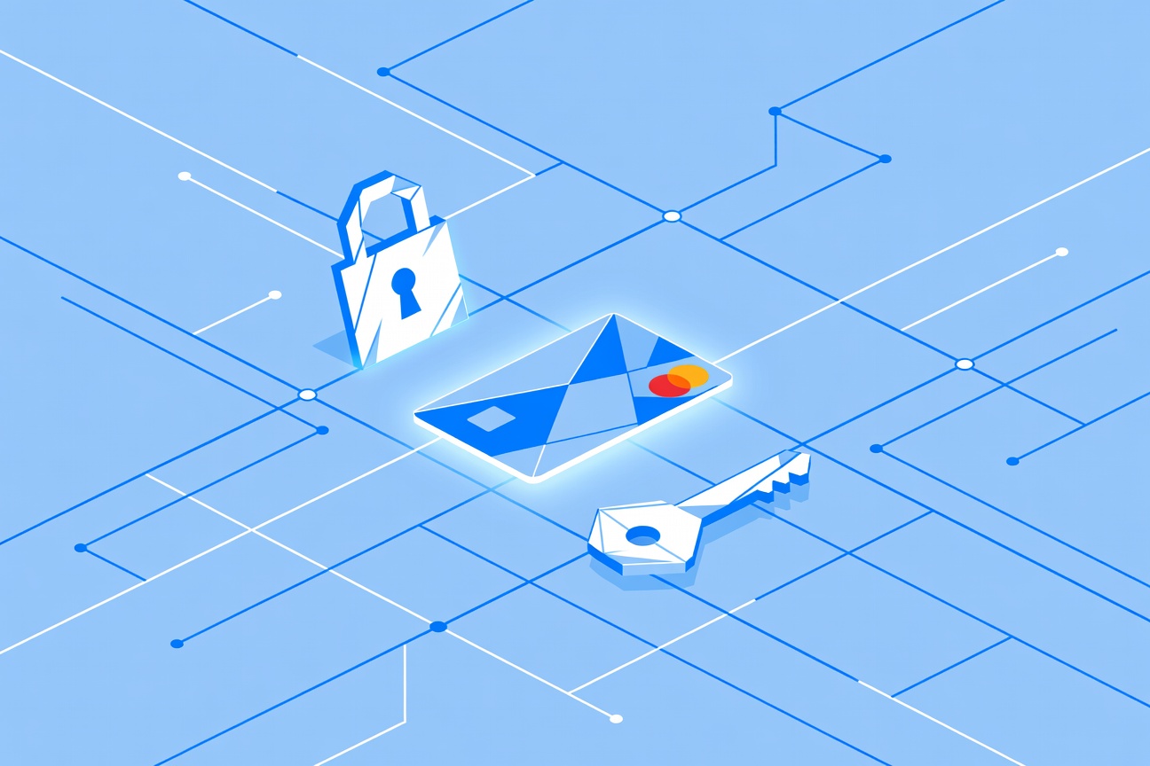 Abstract flat vector illustration of a credit card in a digital circuit grid with cryptographic lock icons