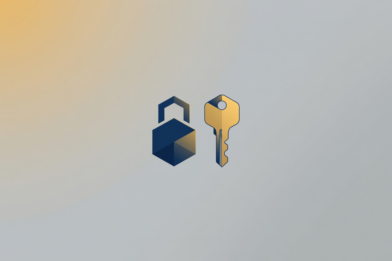 Abstract geometric lock and key shapes in gold and blue representing secure financial authorization, floating in a minimal digital space