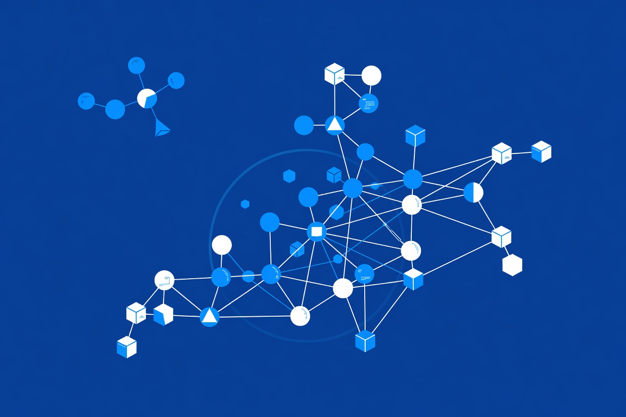 Abstract network of interconnected geometric nodes floating in blue space, representing a stateless distributed protocol architecture