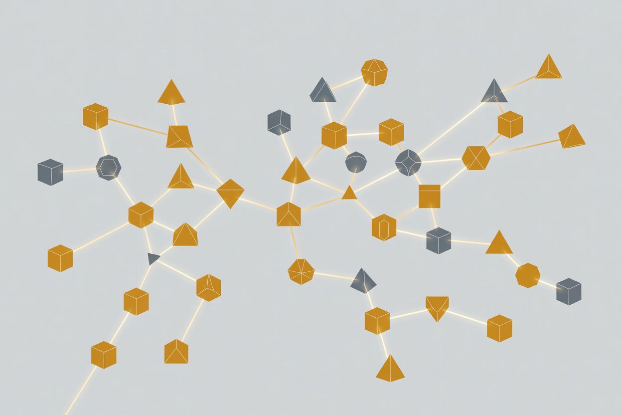 Abstract branching network nodes floating in space, glowing lines converging without a central hub, representing stateless distributed protocol routing