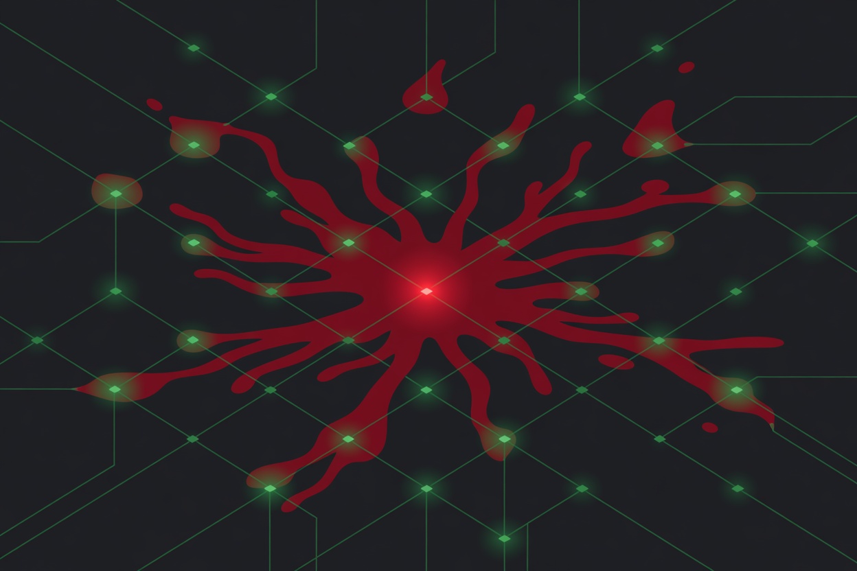 A dark circuit board with glowing red nodes — one node injects poison into the network of glowing green connections, spreading outward like a contamination wave