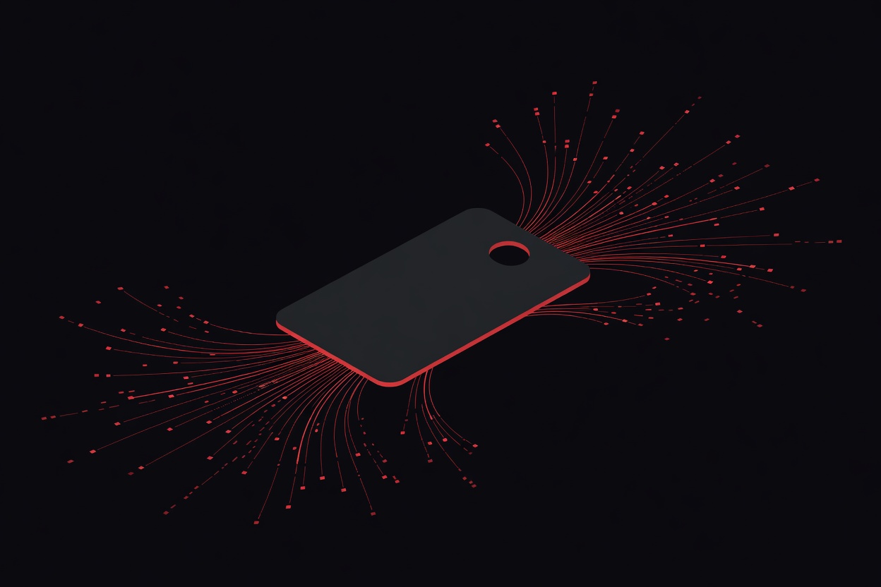 Abstract dark visualization of a hotel key card with digital data streams flowing outward, representing a data breach