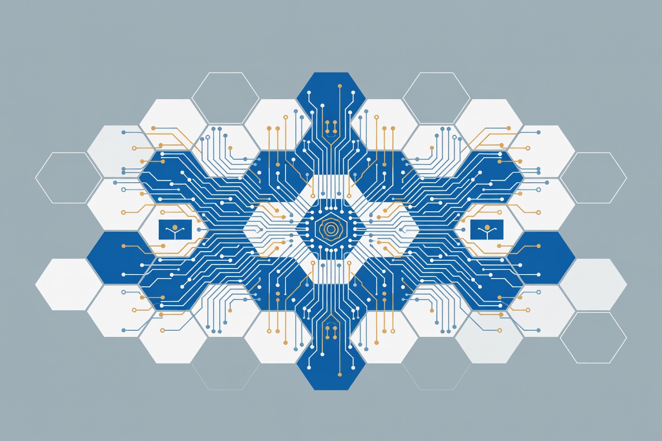 Abstract hexagonal connector grid in blue and white, symbolizing protocol integration and structured data exchange