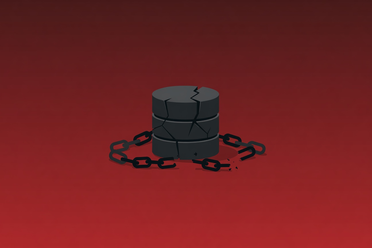 A cracked database cylinder surrounded by broken chain links against a dark red backdrop