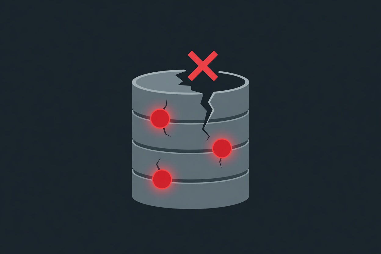 A cracked digital lock symbol surrounded by database cylinder icons with glowing red warning lines