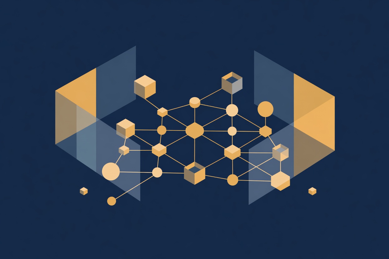 Abstract diagram of interconnected agent nodes with a governance shield overlay on a dark enterprise background