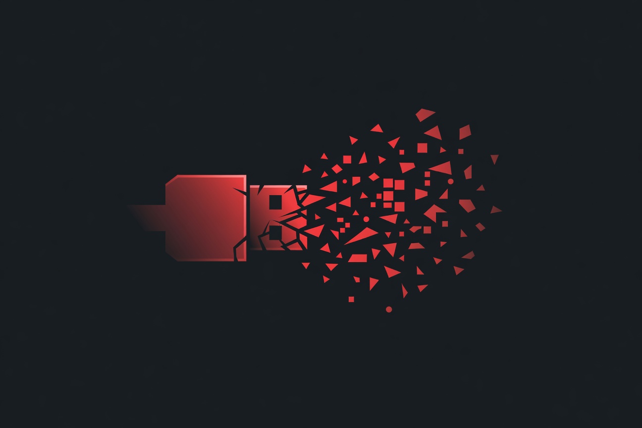 An abstract USB plug dissolving into scattered data fragments against a dark background, symbolizing a once-unified protocol losing coherence