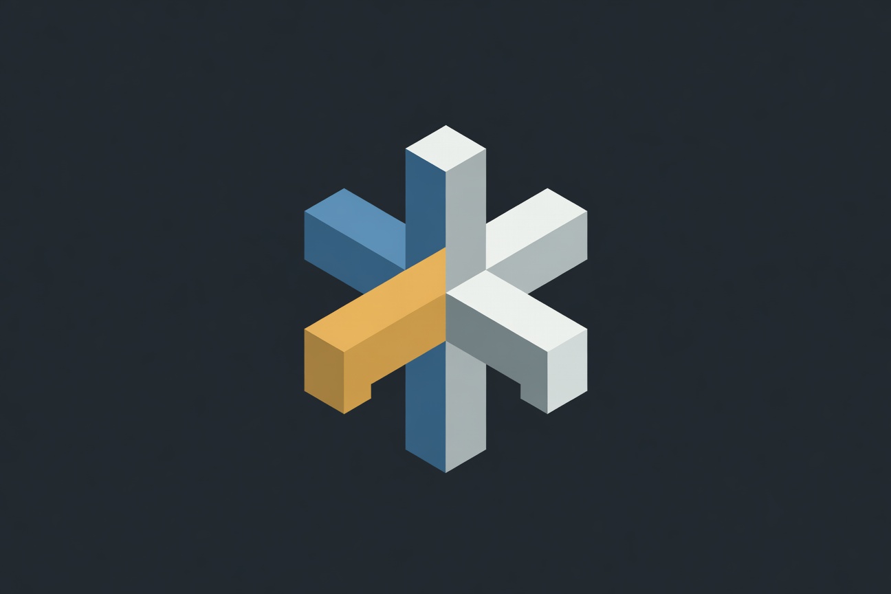 Four interlocking geometric pillars in distinct colors converging at a central apex, representing cross-company alignment, clean architectural lines on dark background