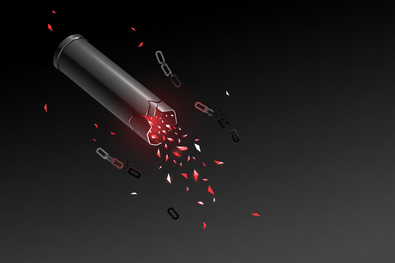 Cracked digital supply chain pipe leaking glowing data fragments into a dark void