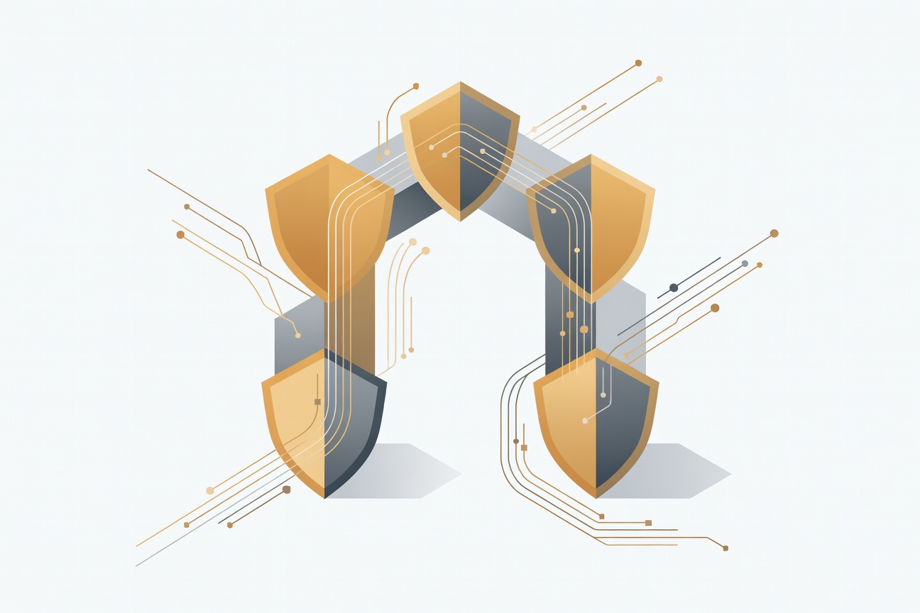 A geometric gateway arch made of interlocking security shields, with abstract agent traffic flowing through controlled channels