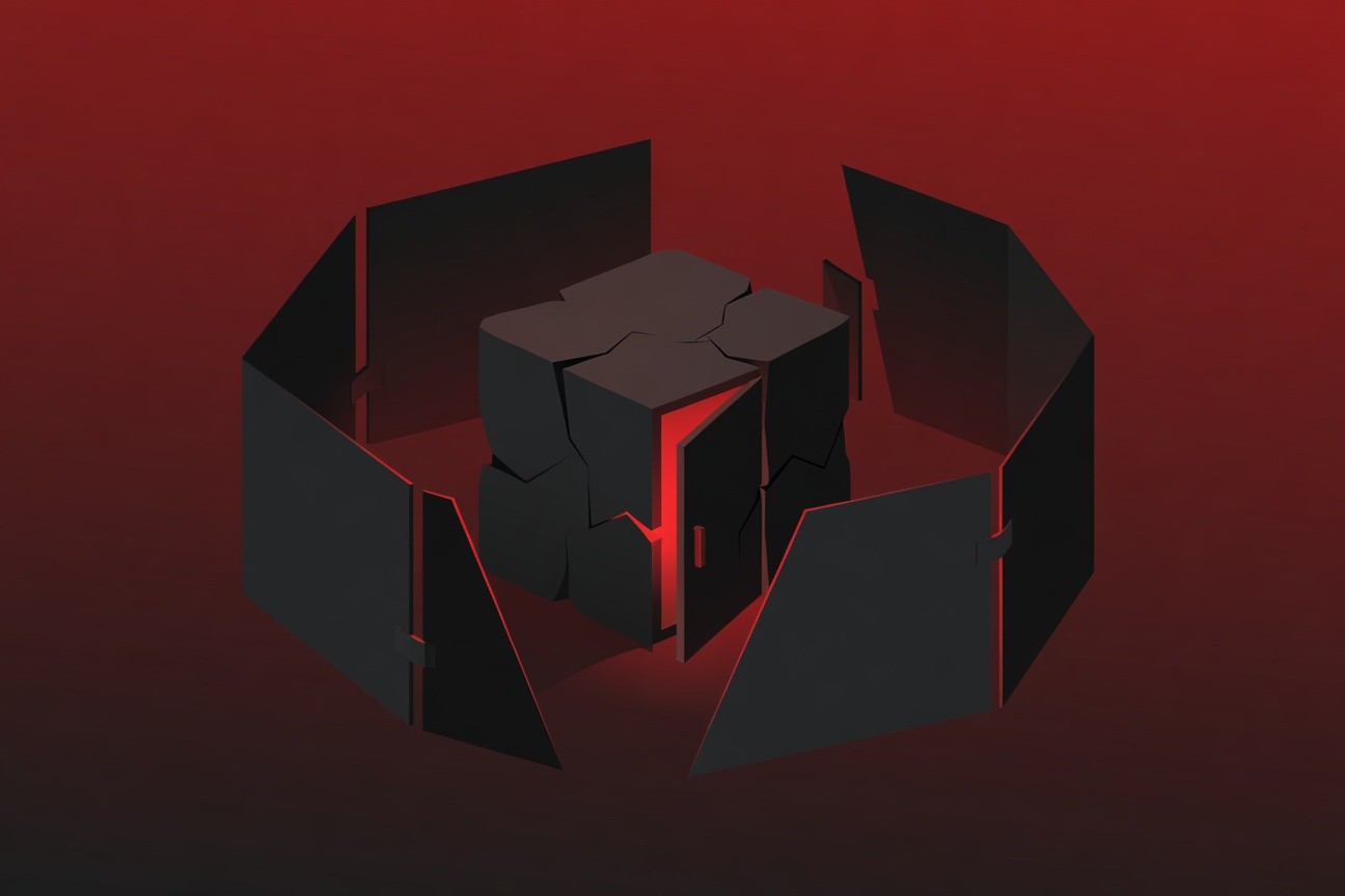 A fractured server cube with one glowing door open, surrounded by geometric security barriers with gaps