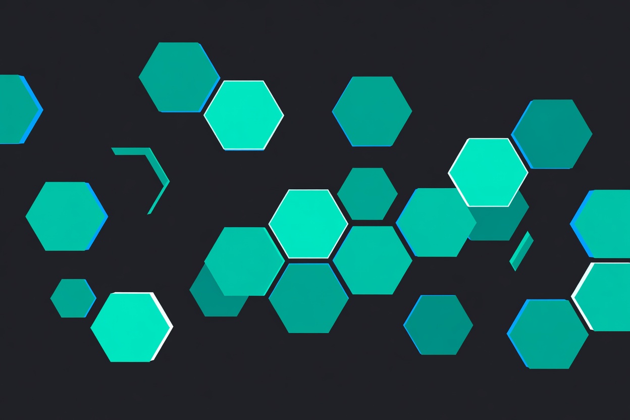 Abstract interconnected hexagonal cells floating independently on a dark background, glowing teal, representing stateless distributed architecture