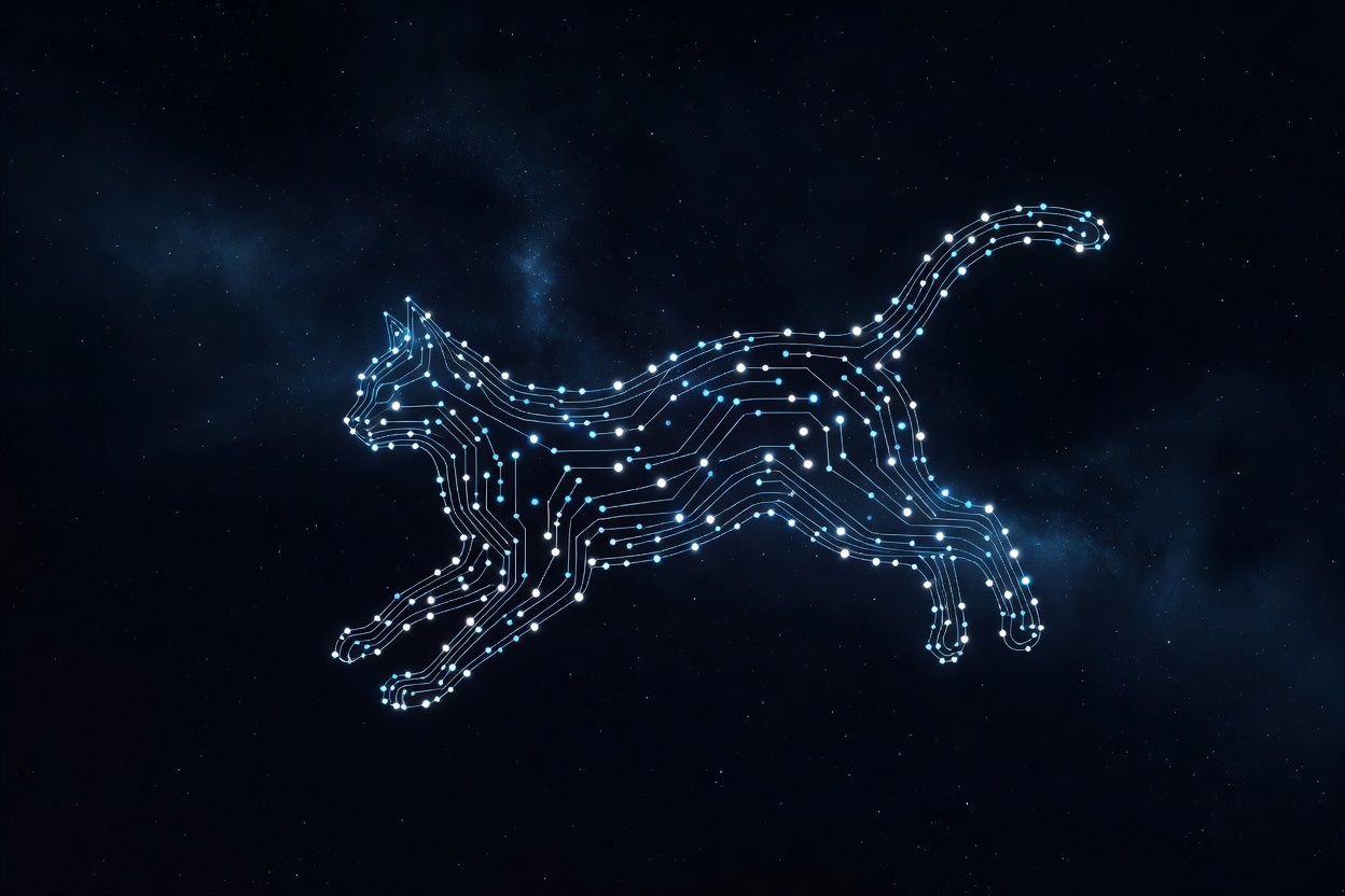 Abstract cat-shaped constellation made of glowing circuit nodes against a dark cosmic background