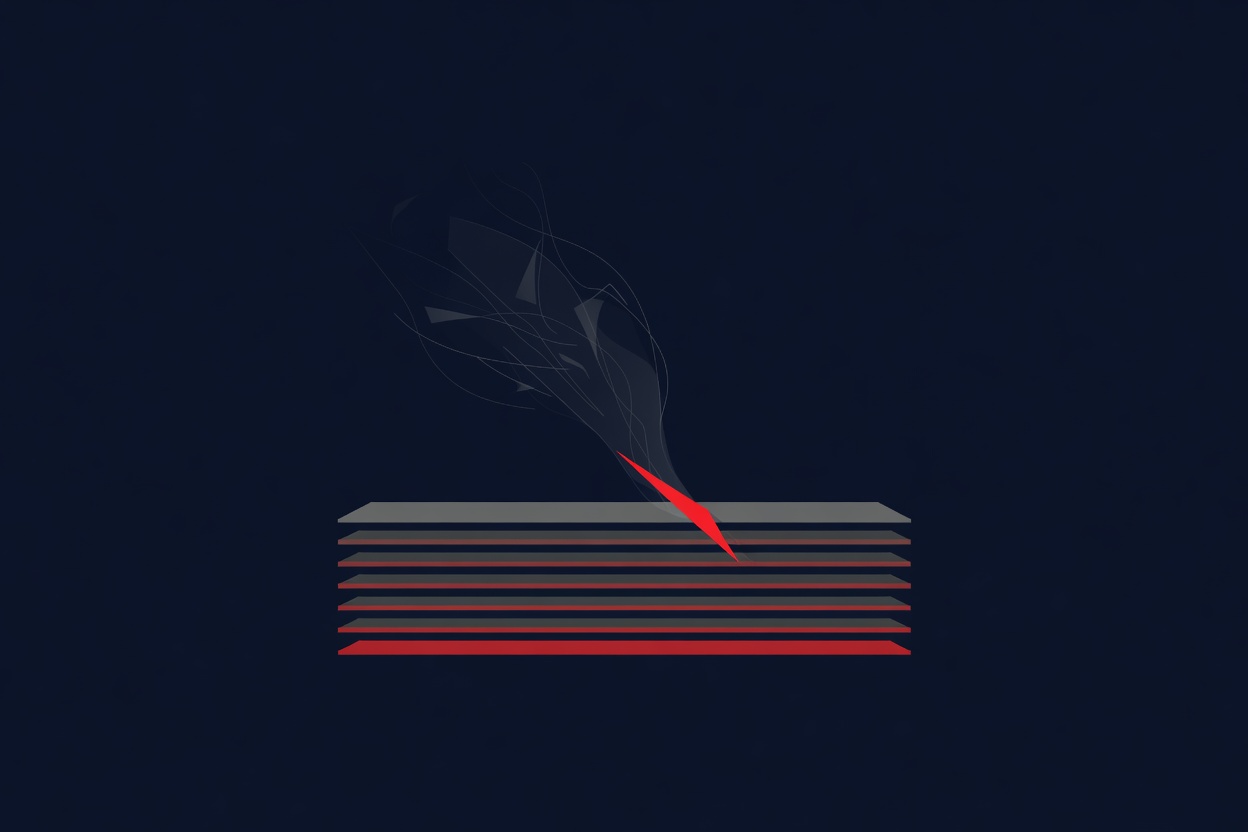 Abstract visualization of a ghostly signal infiltrating a layered memory structure, dark blue with glowing red injection point