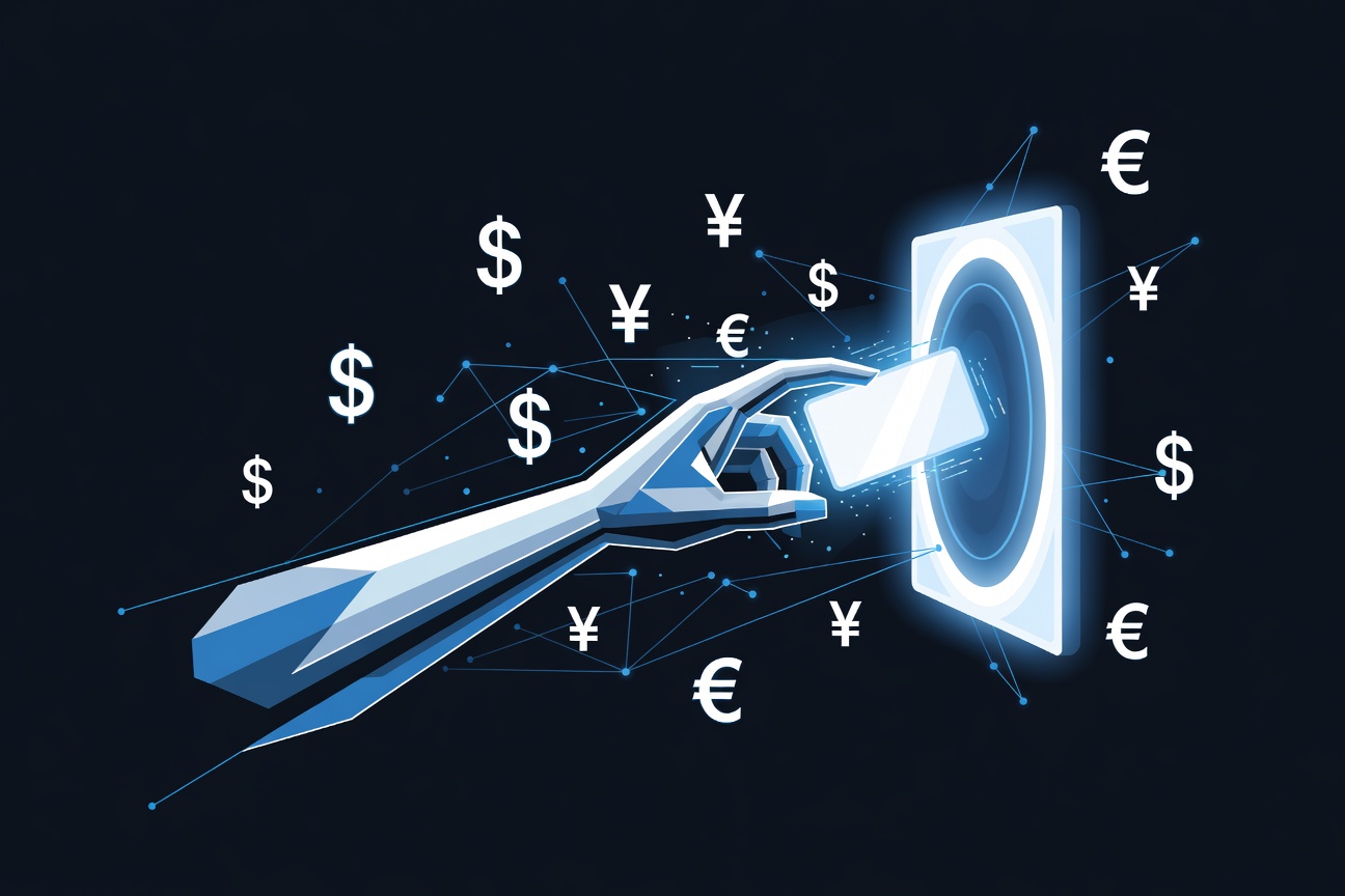 A robotic hand reaching through a glowing digital portal to receive a glowing card, surrounded by abstract currency symbols and network nodes