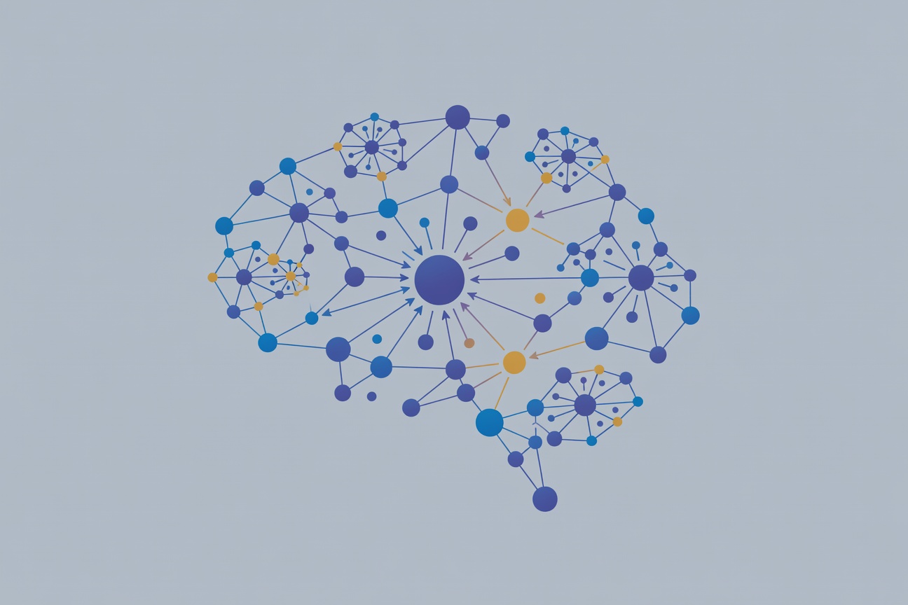 Abstract blue and purple network of interconnected orbs forming a brain-like structure, with one central node larger than the rest, flat vector minimal style