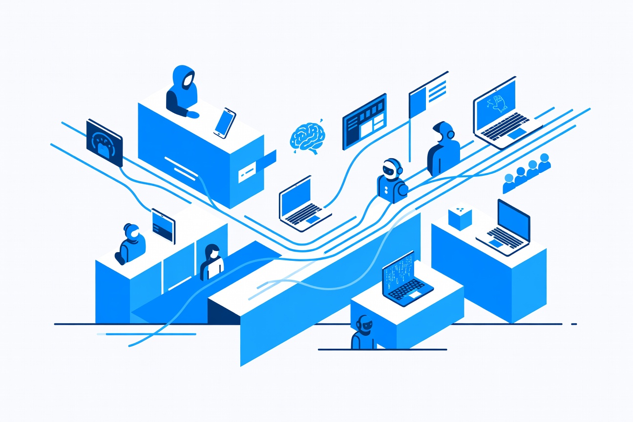 Abstract social graph showing interconnected AI agent nodes glowing in warm blues and oranges against a dark background