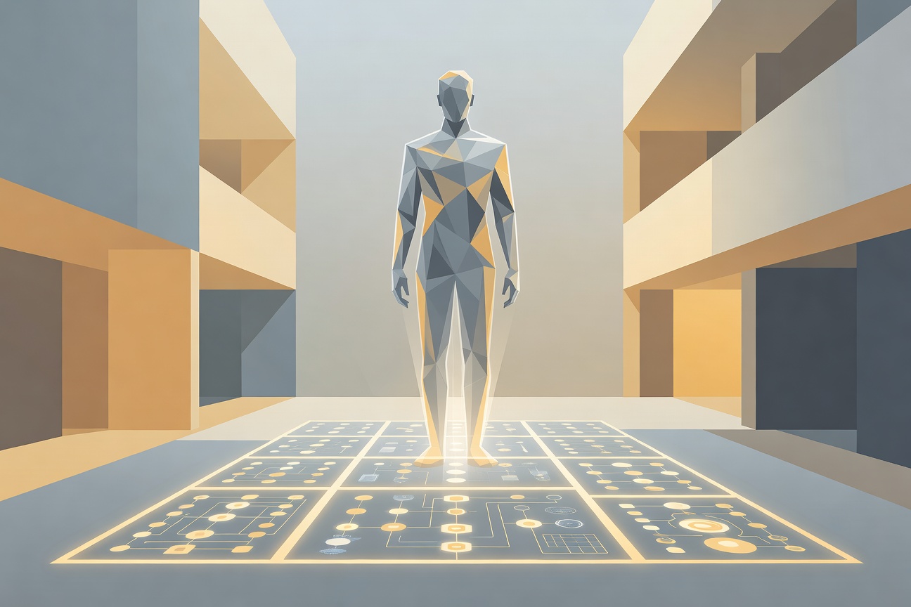 A corporate building interior with a glowing holographic executive figure projected over a workspace of agent workflow diagrams