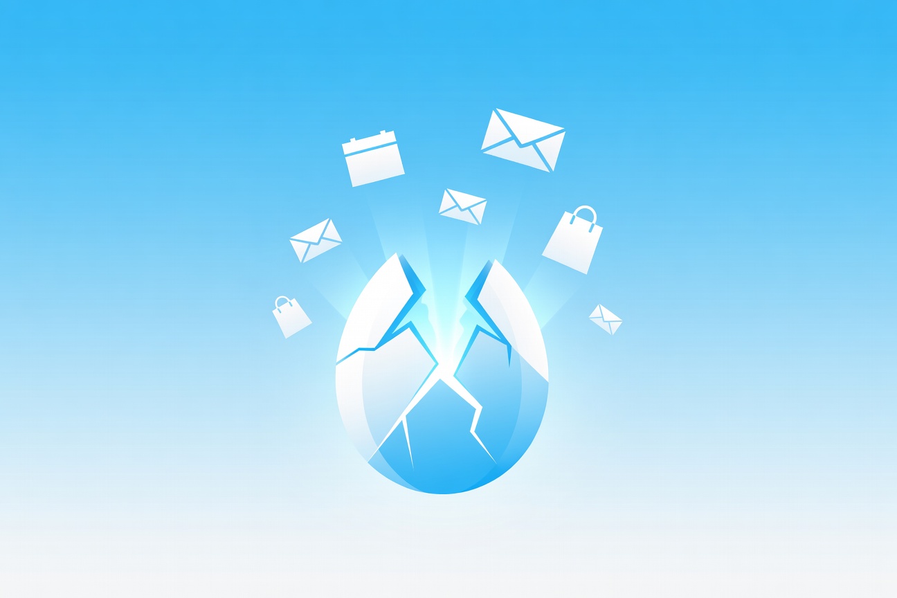 An abstract hatching egg shape glowing with blue light, surrounded by floating task icons like calendar, email, and chat bubbles