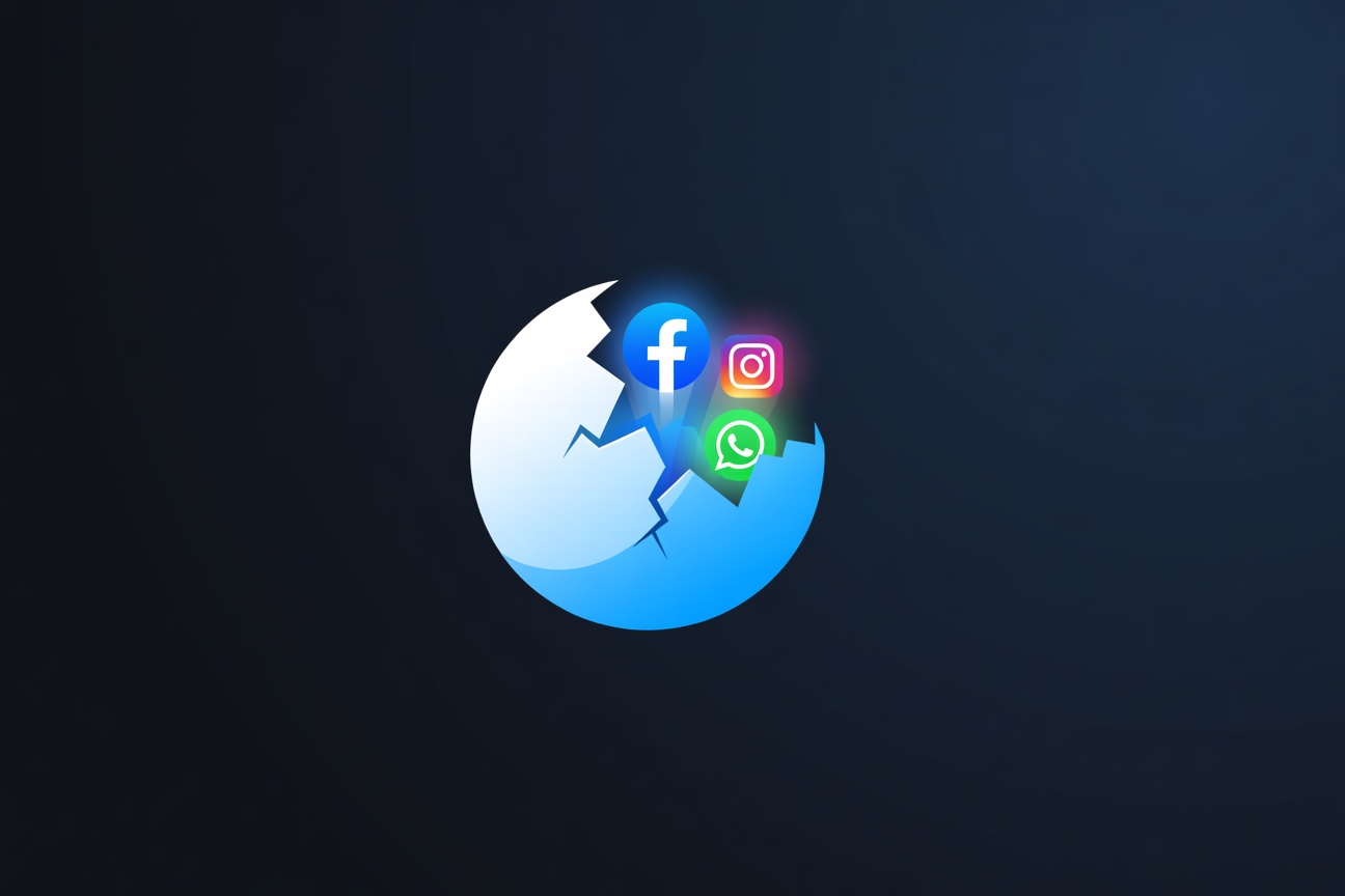 Abstract egg-shaped orb splitting open to reveal glowing app icons for Facebook, Instagram, and WhatsApp on a dark gradient background