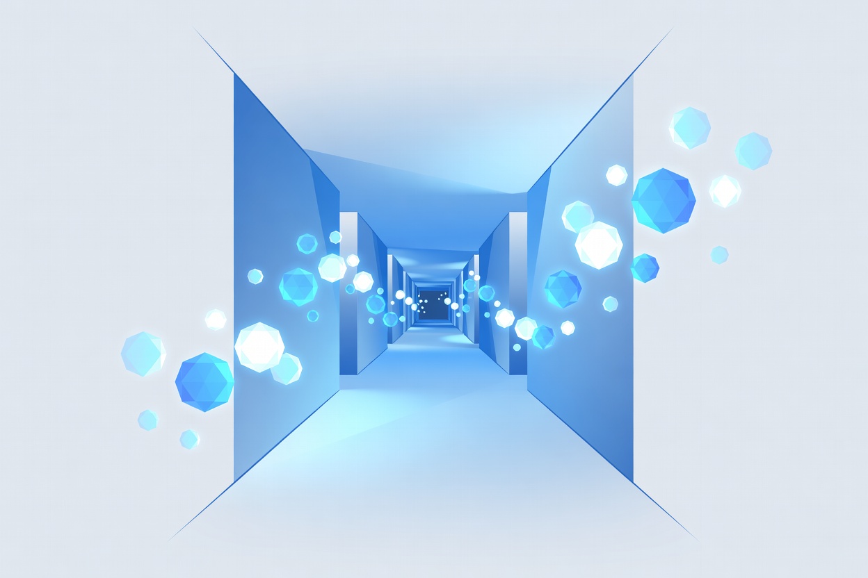 An infinite blue corridor of glowing data nodes representing Meta's 1 million token context window model