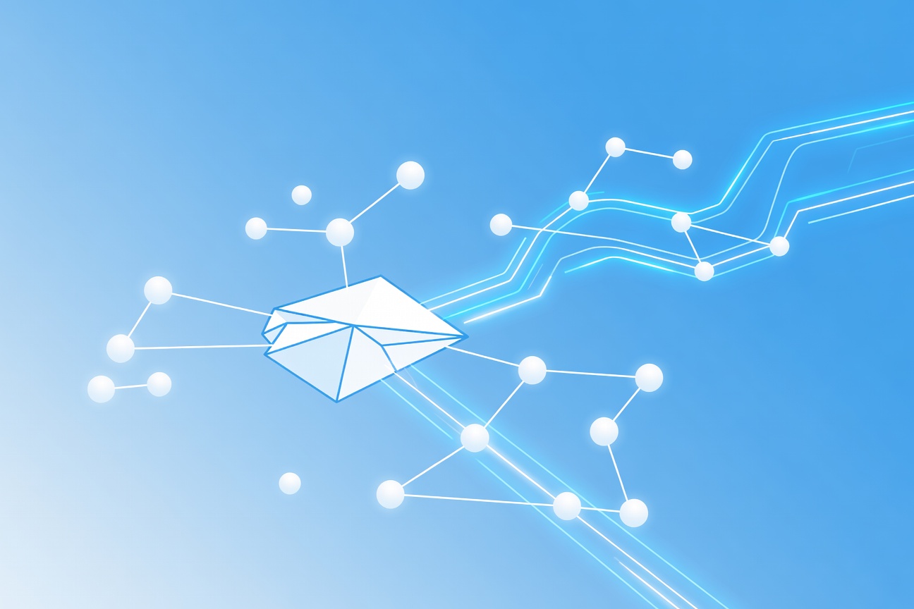 An abstract glowing network bridge connecting a social media ad dashboard to multiple AI agent nodes