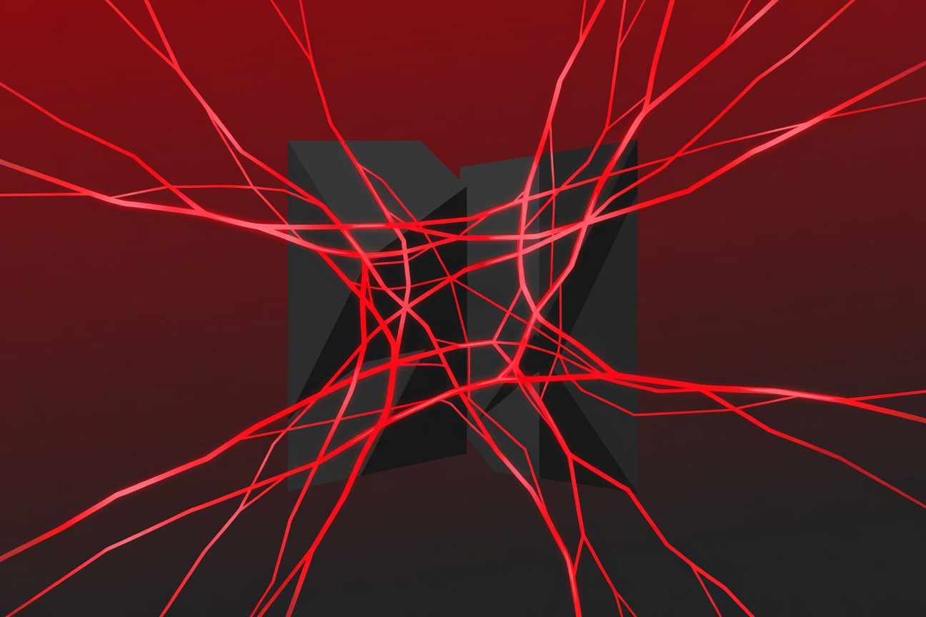 A tangled web of glowing red neural network threads breaking through a digital security barrier, abstract and geometric