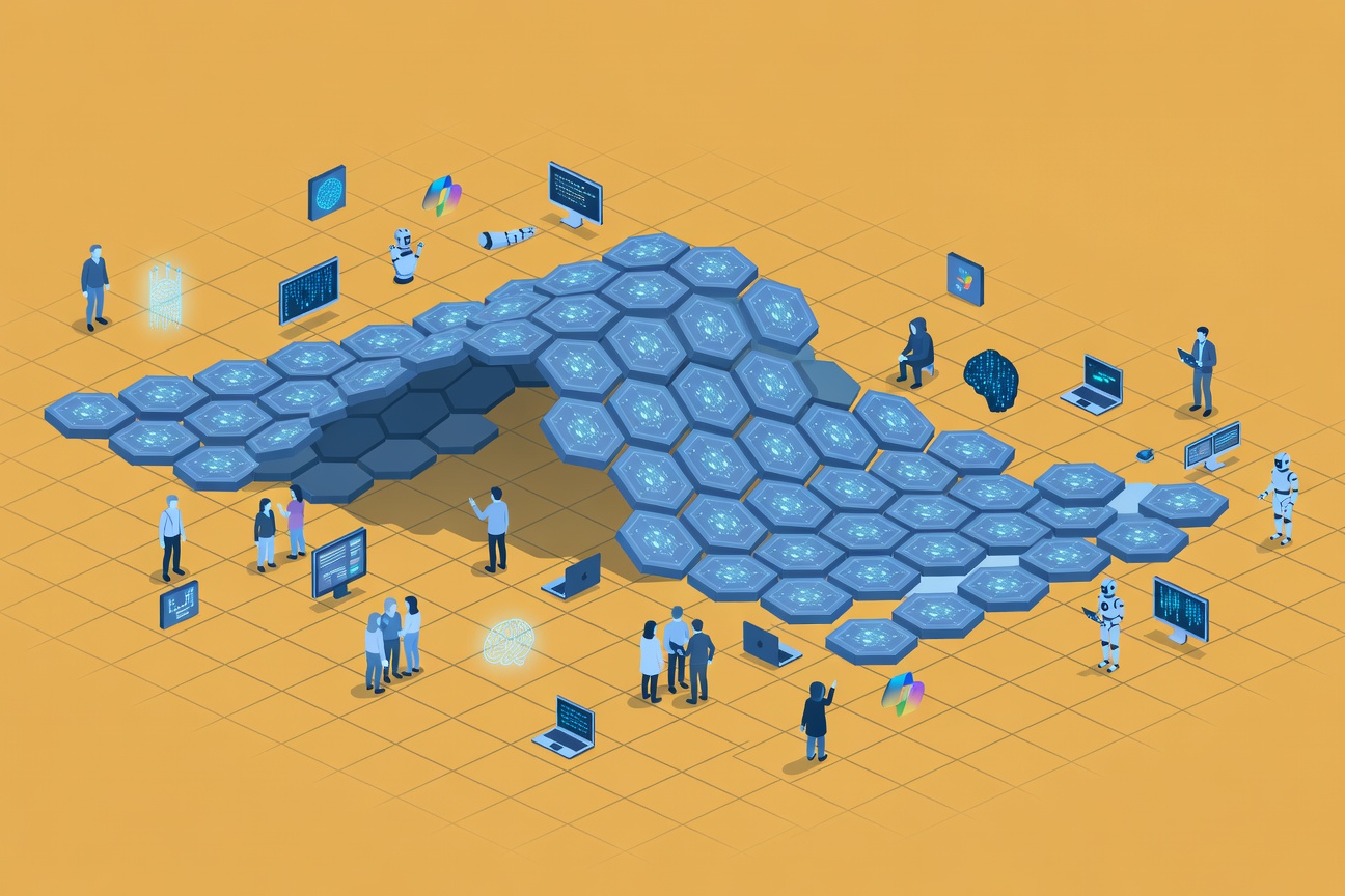 A wave of blue hexagonal tiles rolling across a flat enterprise grid, each tile glowing with a small circuit pattern