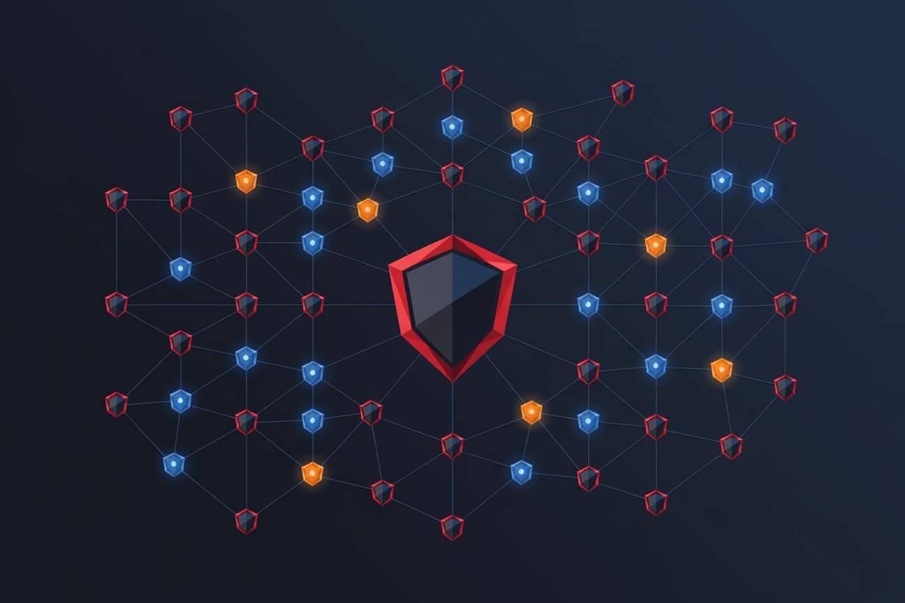 A glowing control panel with interconnected agent nodes watched over by a central shield icon, dark enterprise aesthetic