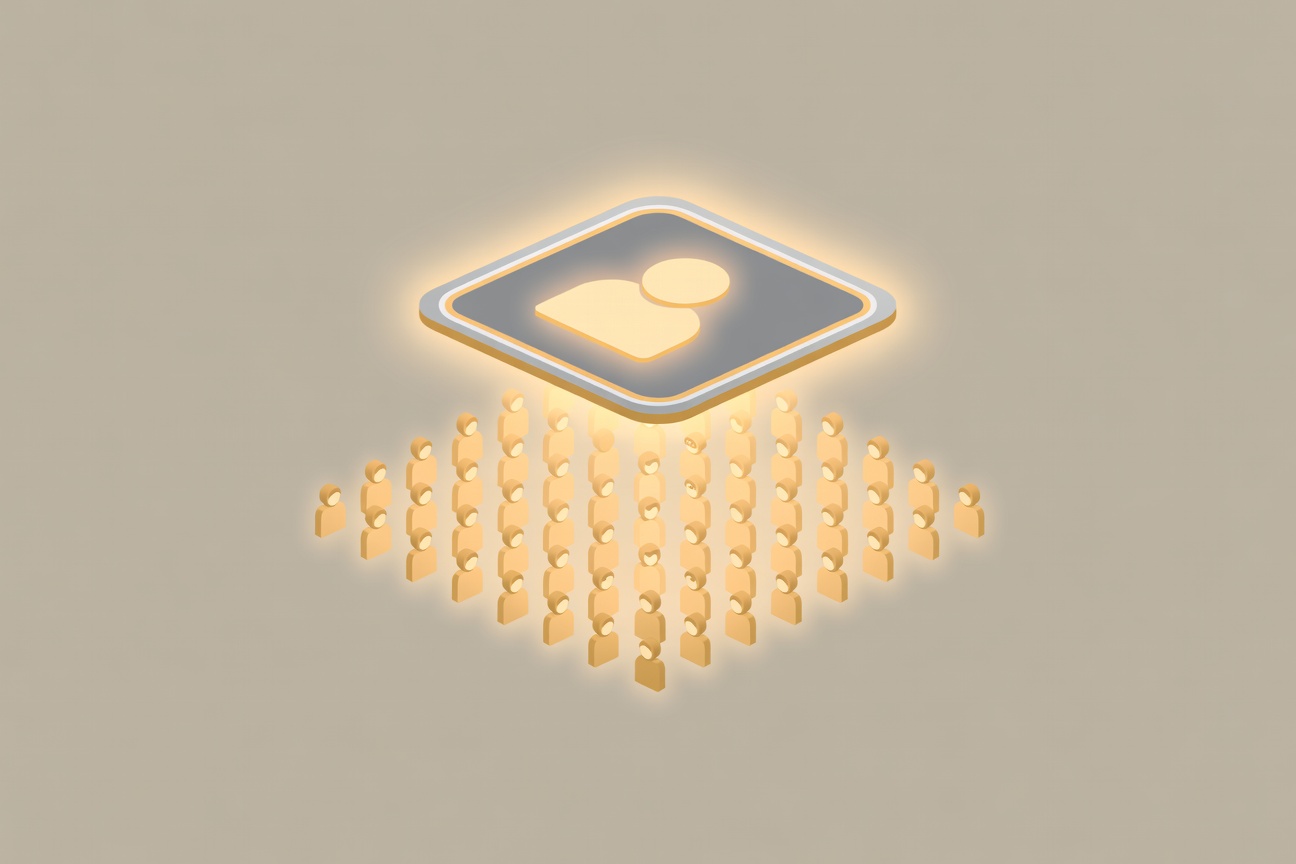 Rows of abstract glowing agent figures under a single overhead license badge, representing many agents covered by one enterprise credential