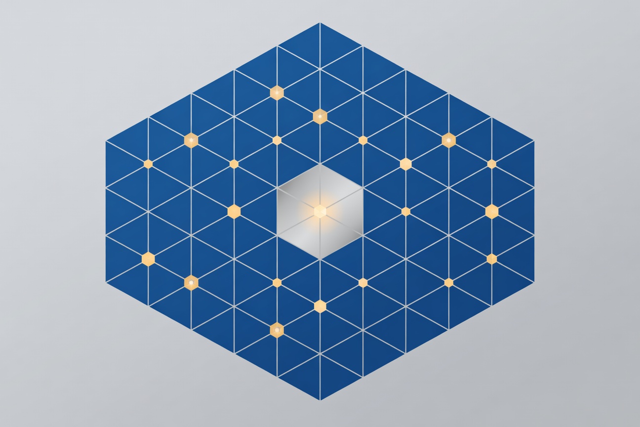 Abstract hexagonal security grid with glowing agent nodes being monitored by a central control dashboard, blue and silver corporate palette