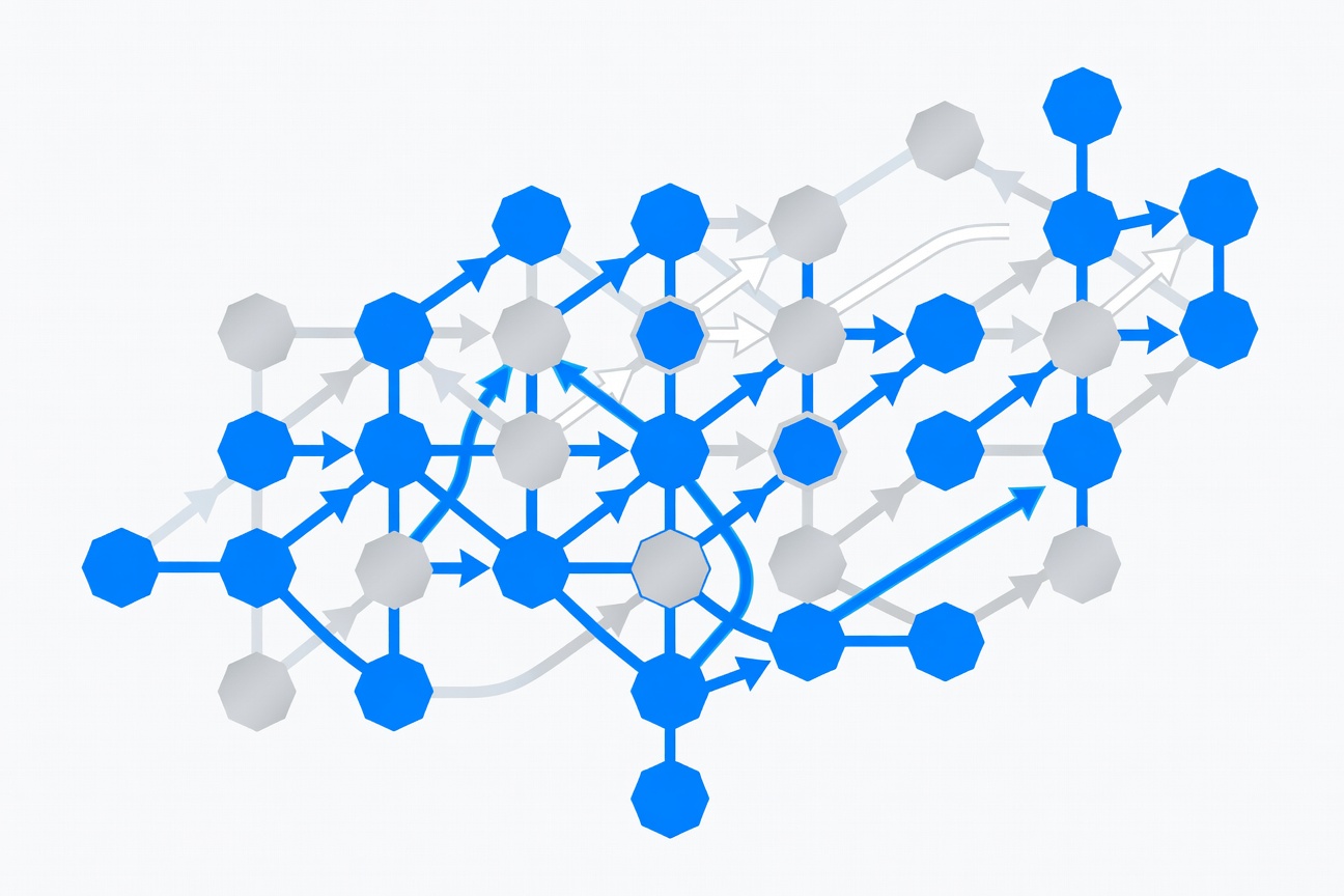 Geometric web of interconnected nodes in electric blue representing multi-agent orchestration architecture