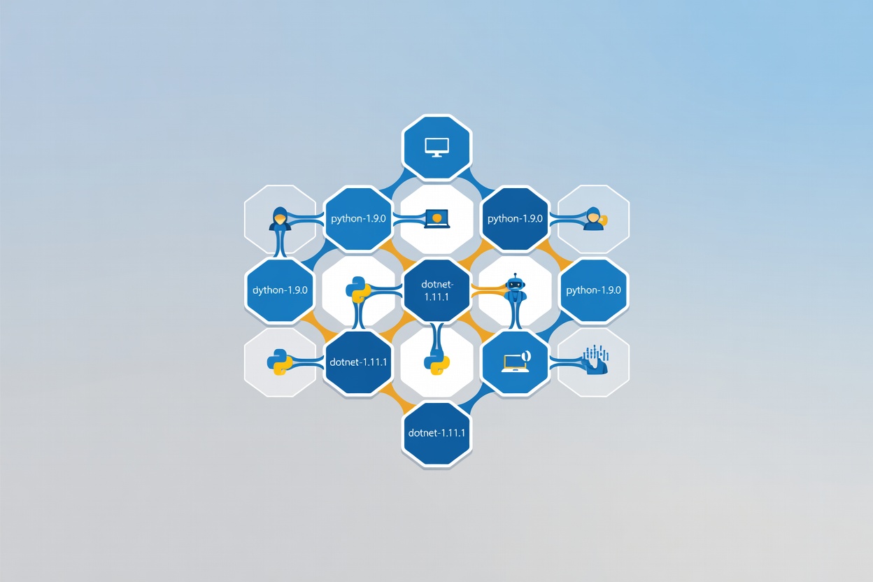 Abstract modular hexagonal grid of interconnected agent blocks in blue and white representing enterprise multi-agent framework architecture