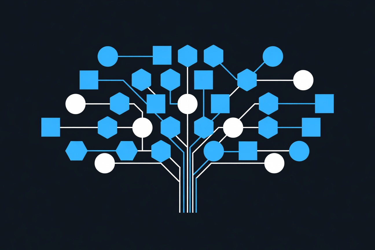 Abstract branching tree of interconnected geometric shapes in blue and white, representing parallel workflow paths converging at a single node