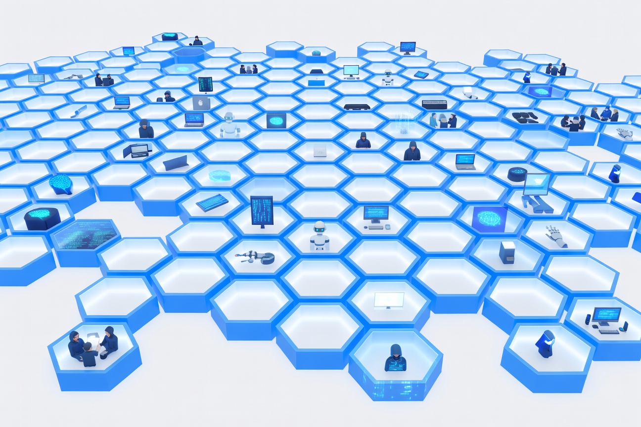 Abstract geometric honeycomb grid of glowing isolated blue cells in a vast cloud datacenter, each cell a separate sovereign container floating in digital space