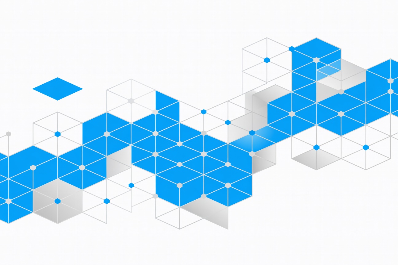 Abstract layered network of interconnected hexagonal nodes representing an agentic mesh architecture, rendered in blue and silver tones