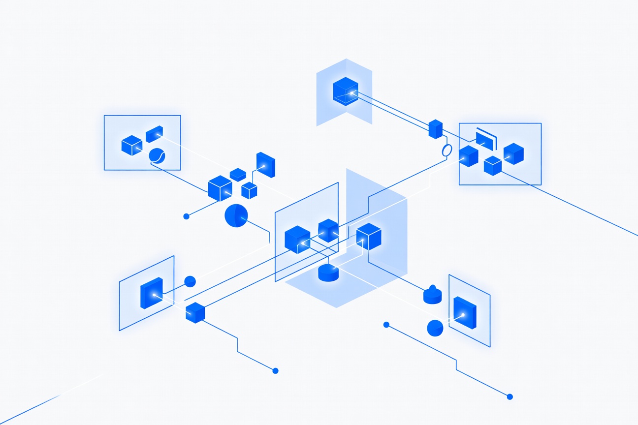 A sleek Windows interface with glowing blue container boundaries surrounding abstract agent workflow nodes