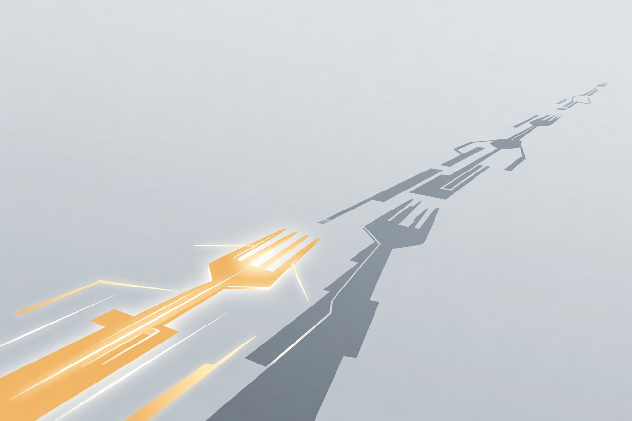A stylized fork in the road with one path glowing brightly with forward momentum and another fading into shadow