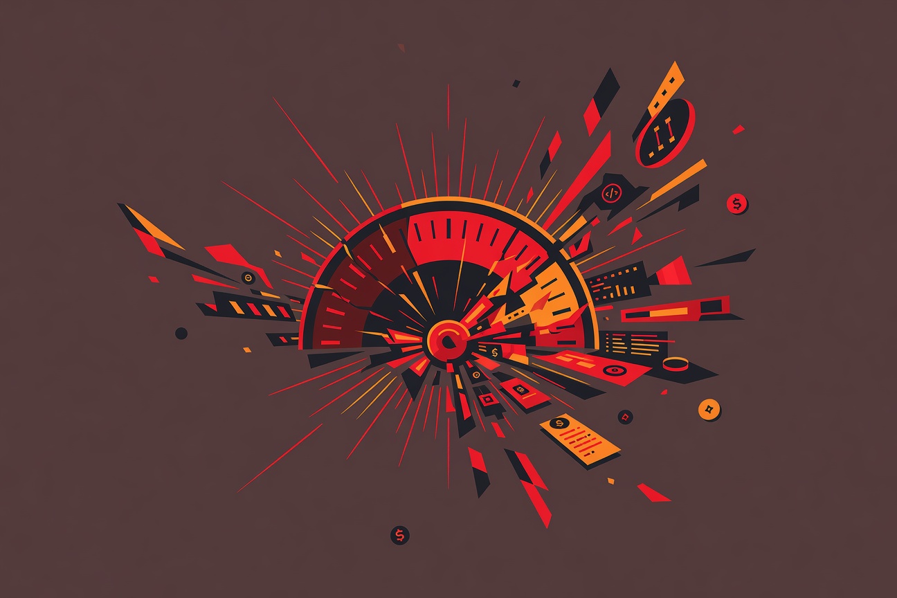 A digital budget meter overflowing with abstract code fragments, symbolizing runaway AI tool costs