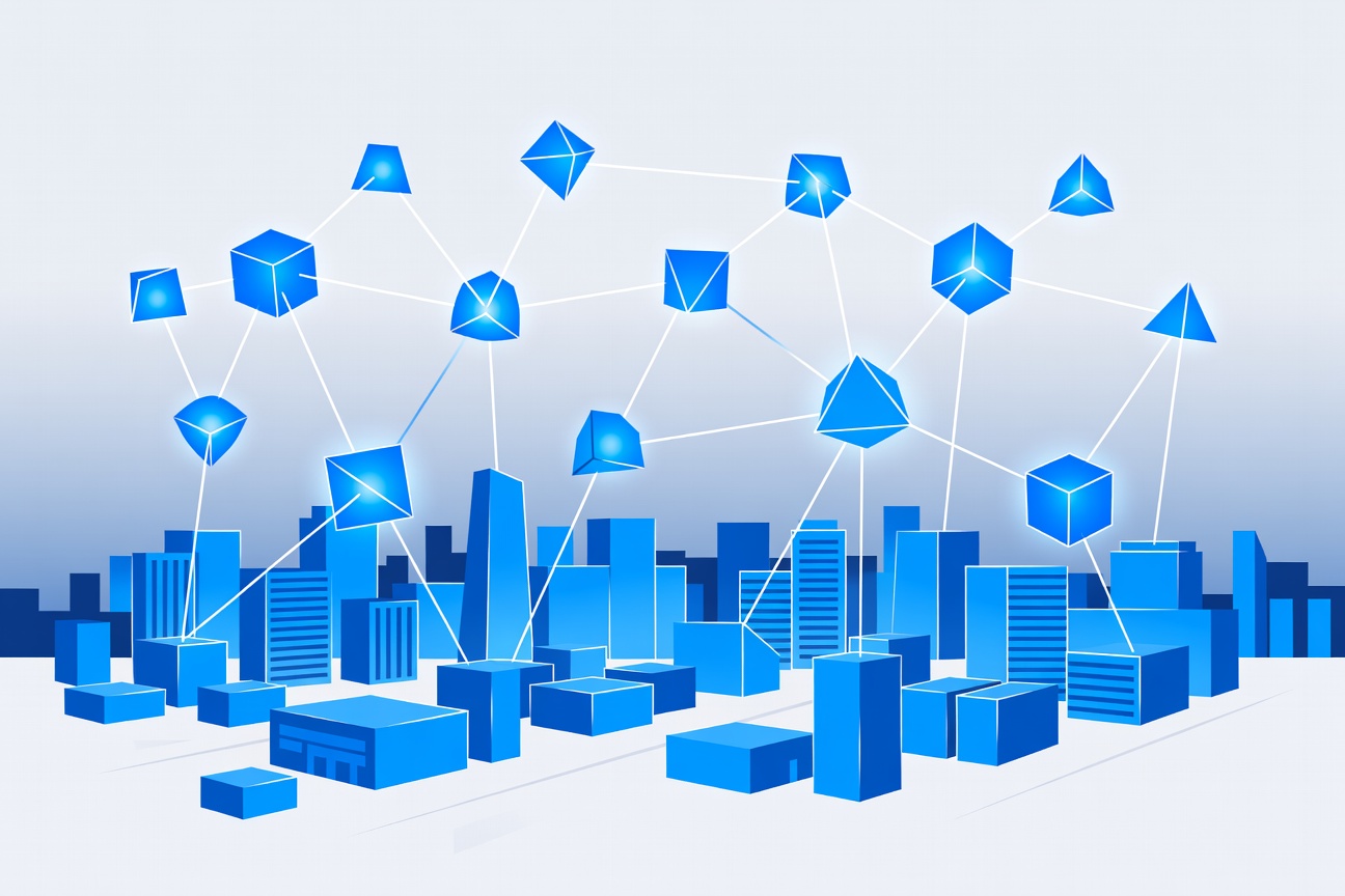 Abstract geometric cityscape with interconnected glowing blue agent nodes floating above office buildings at dusk