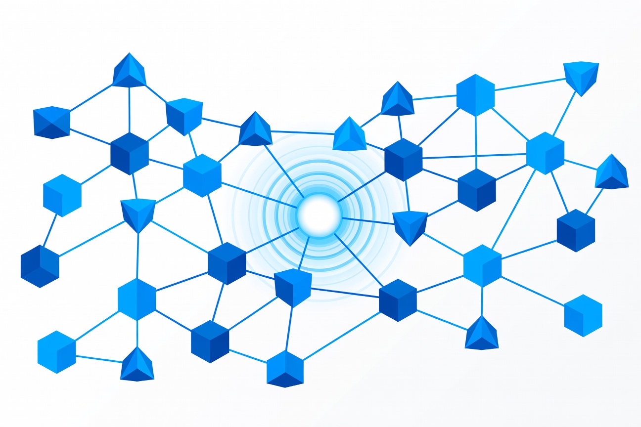 Abstract illustration of interconnected nodes forming an enterprise network with a central always-on pulse signal