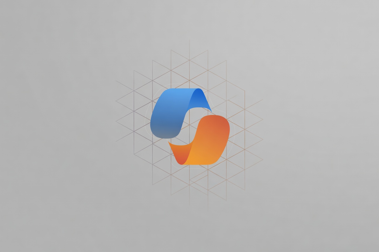 Two geometric shapes — one blue polygon and one orange polygon — interlocked within a transparent governance grid, representing multi-model enterprise oversight